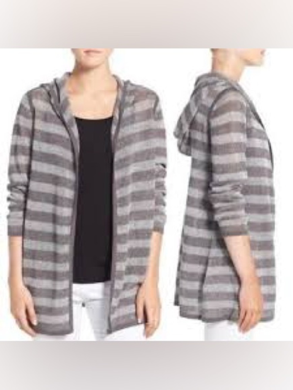 EILEEN FISHER Sz S Light Open Knit  Heather Gray Striped Hooded Cardigan